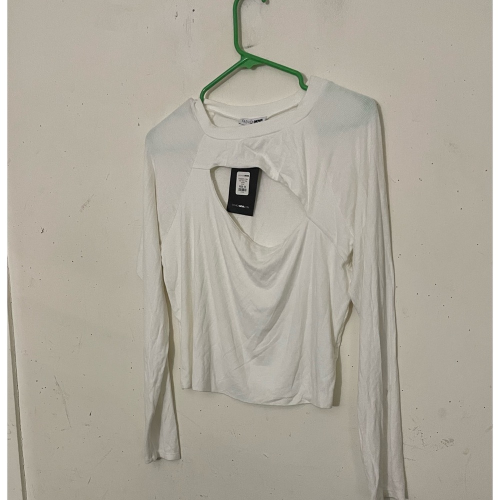 Fashion Nova White Cut-Out Long Sleeve Top